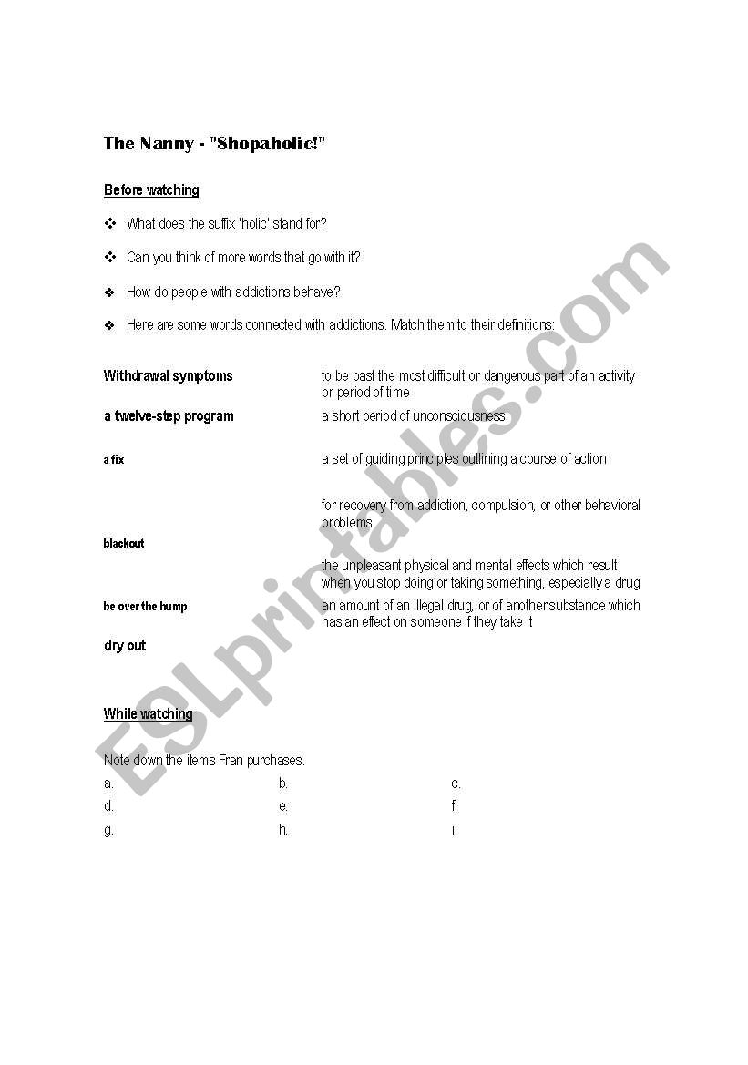 The nanny - shopaholic worksheet