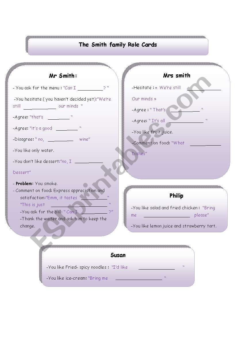 ROLE-PLAY: AT THE RESTAURANT (FAMILY 1 ROLE CARDS)