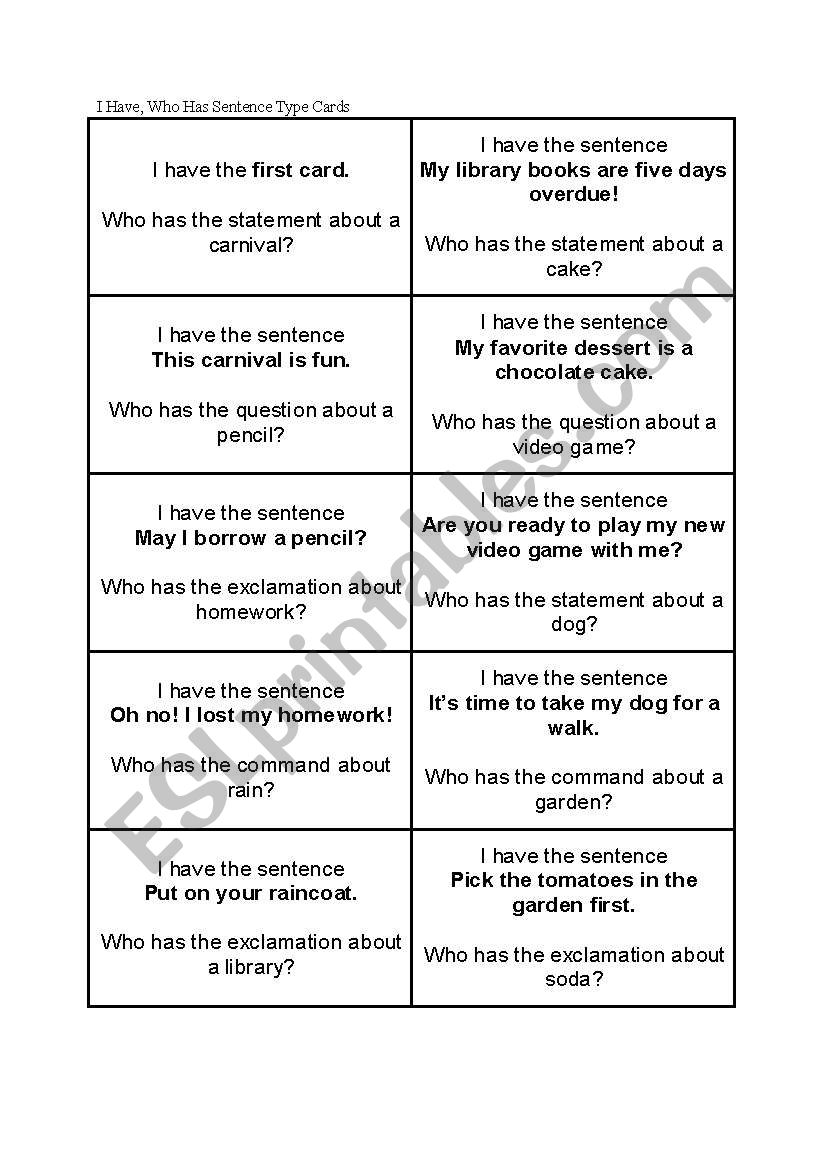 I Have Who Has Sentences Game worksheet
