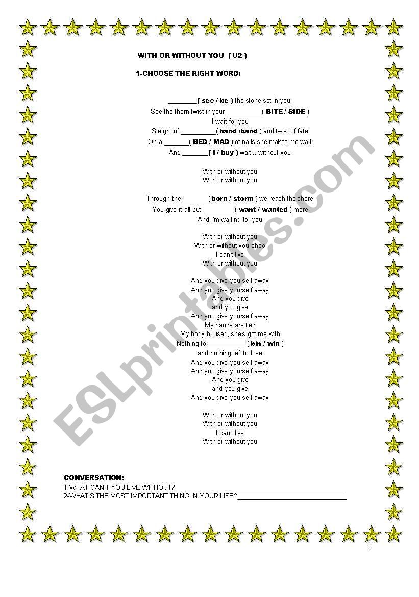 WITH OR WITHOUT YOU worksheet