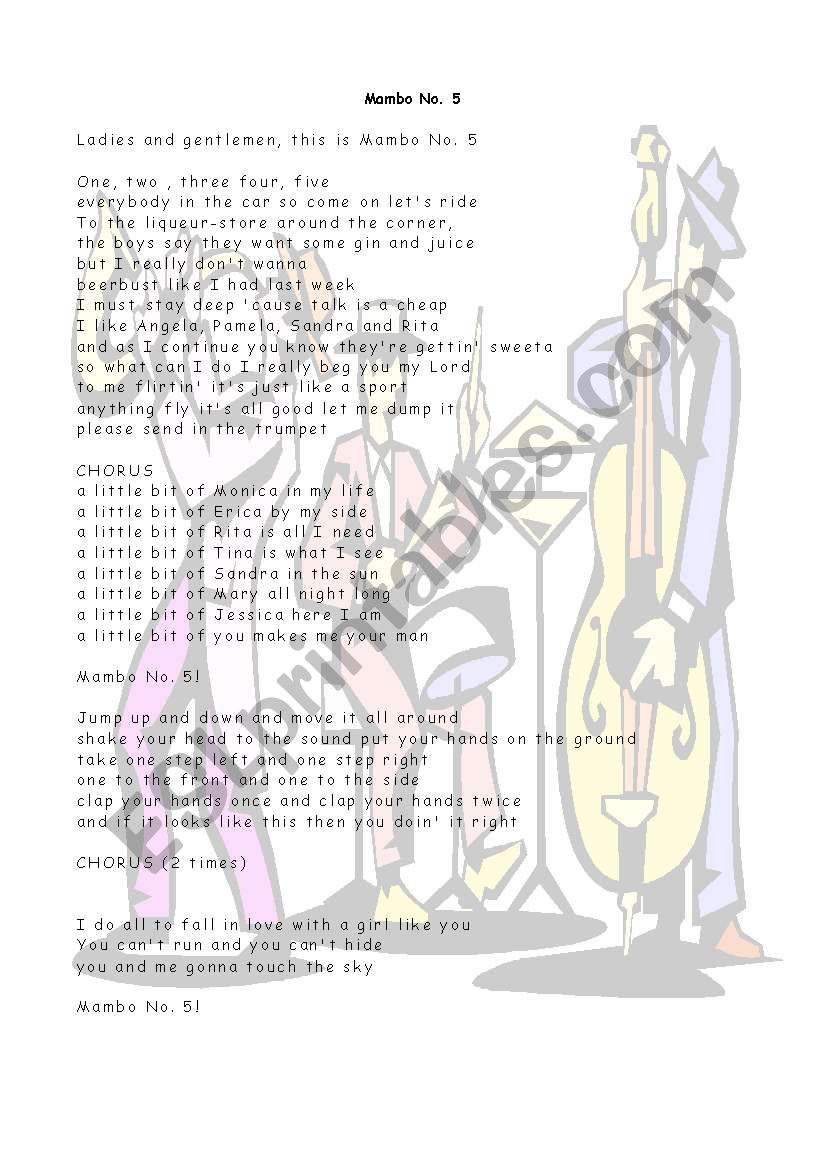 Mambo Number 5 Lyrics. worksheet