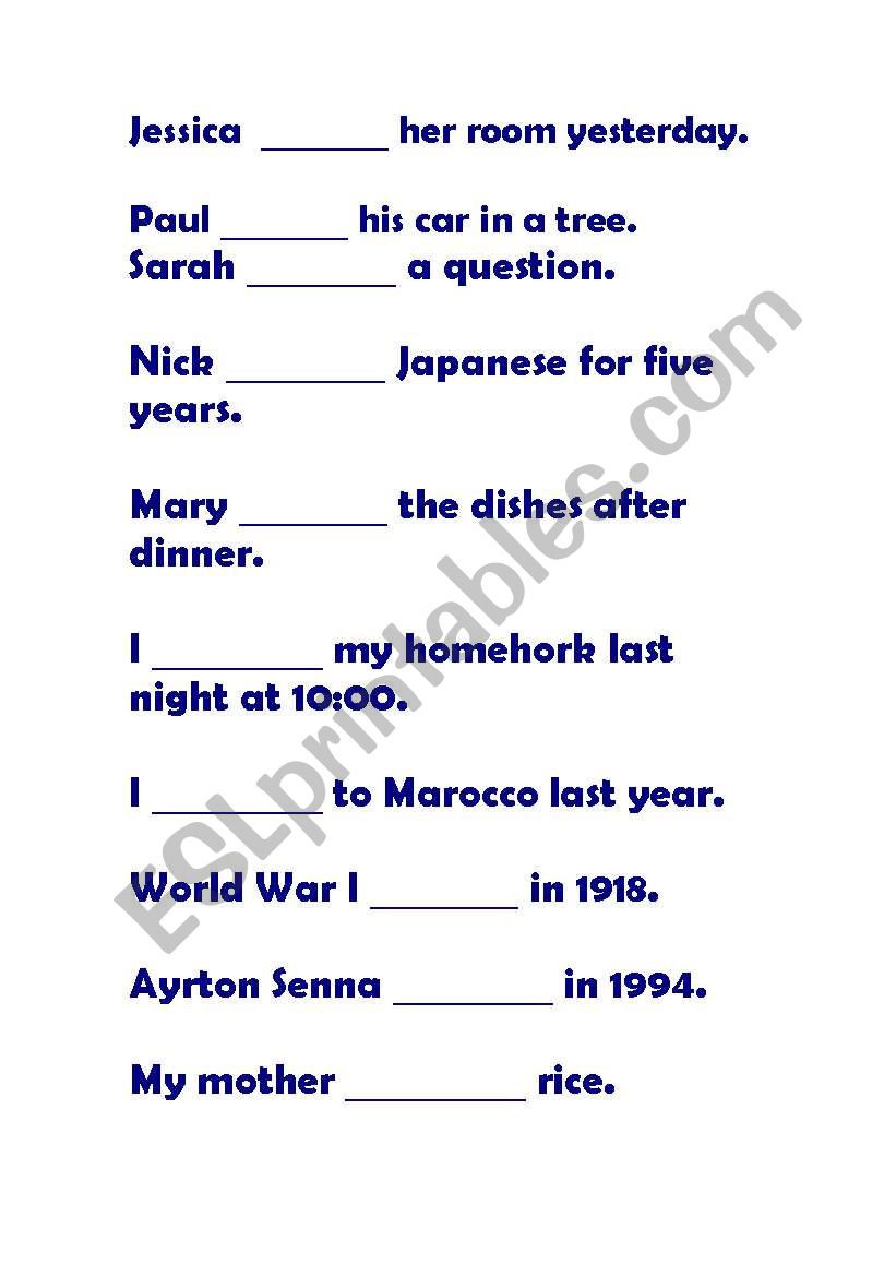 English Worksheets Fill The Blanks With The Verbs Below Simple Past