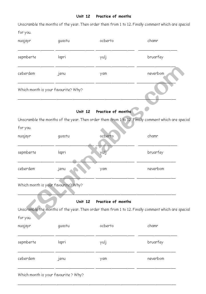 months worksheet