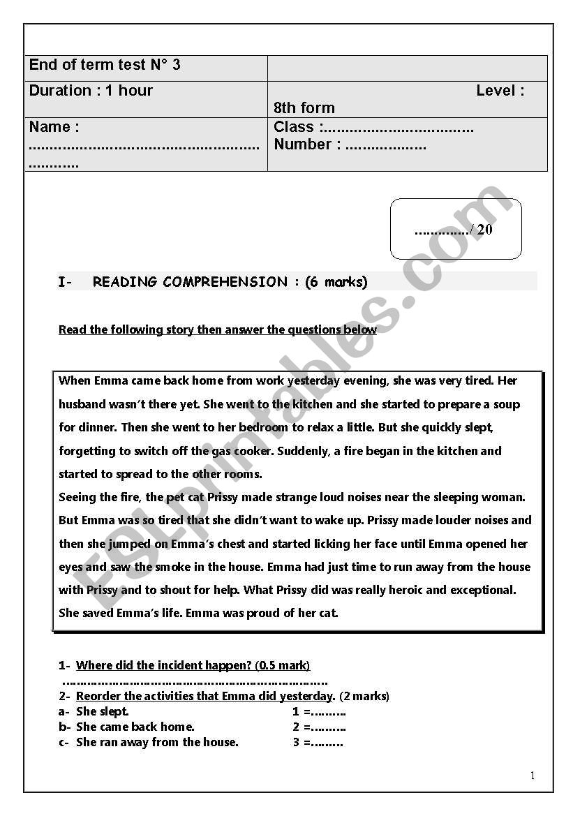 end of term test N3 8th form worksheet