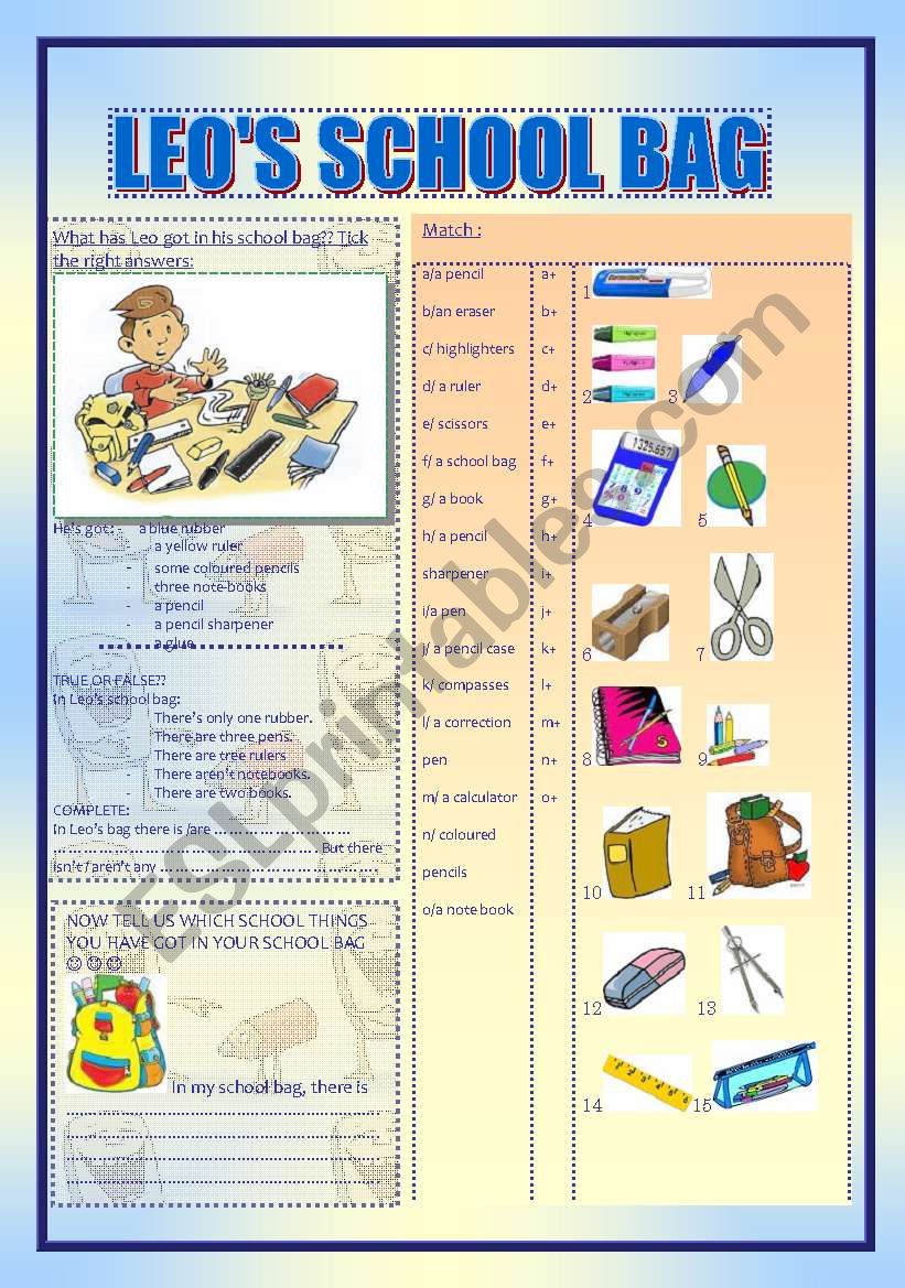 Leos school bag worksheet