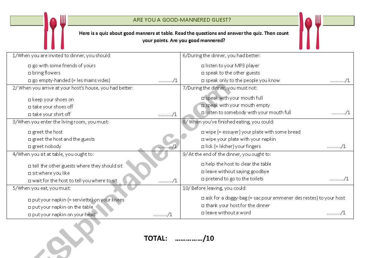 quiz about good manners worksheet