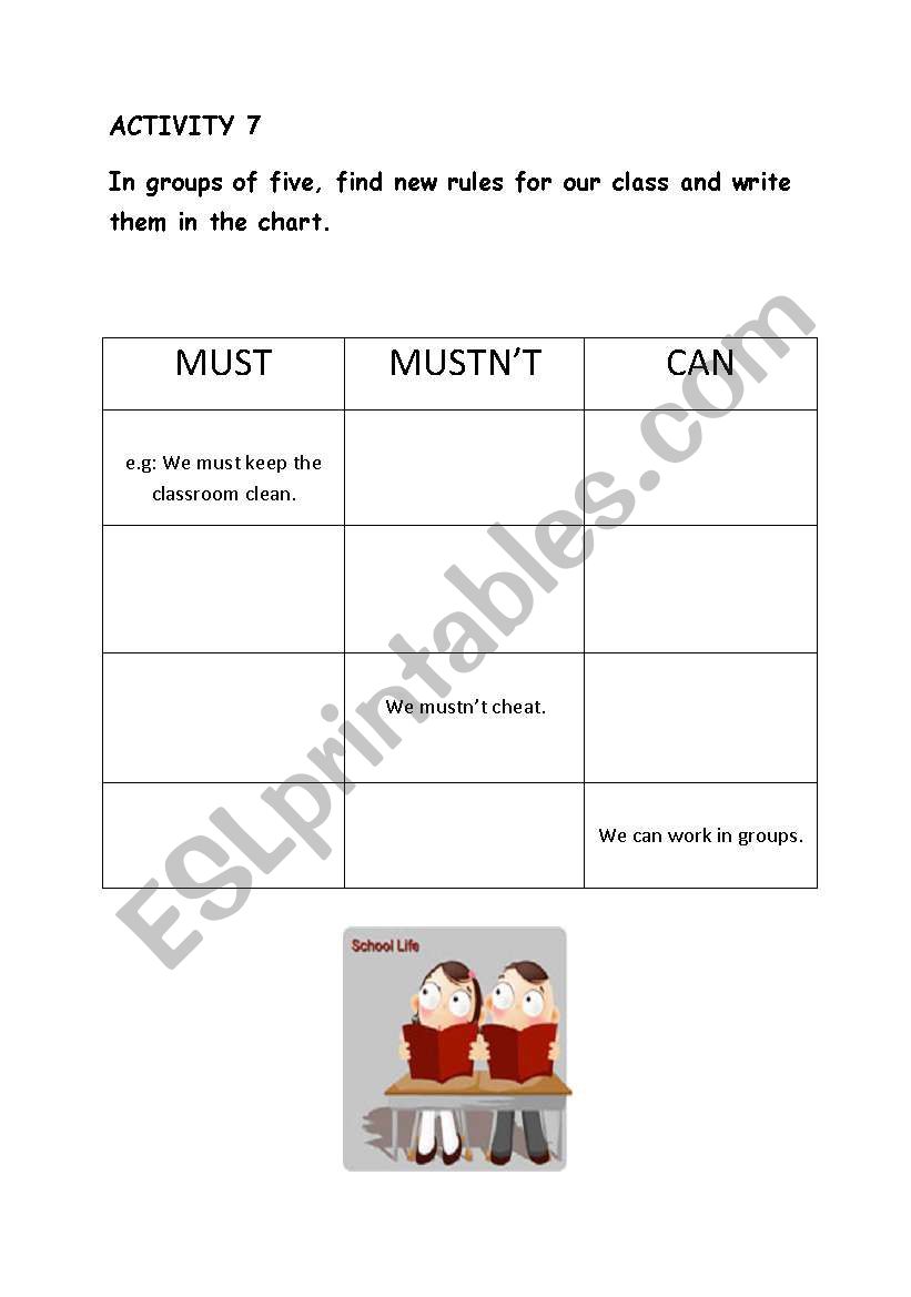 SCHOOL RULES ACTIVITY CHART worksheet