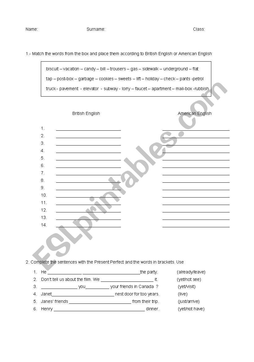 Pre-Intermediate Present Perfect exam