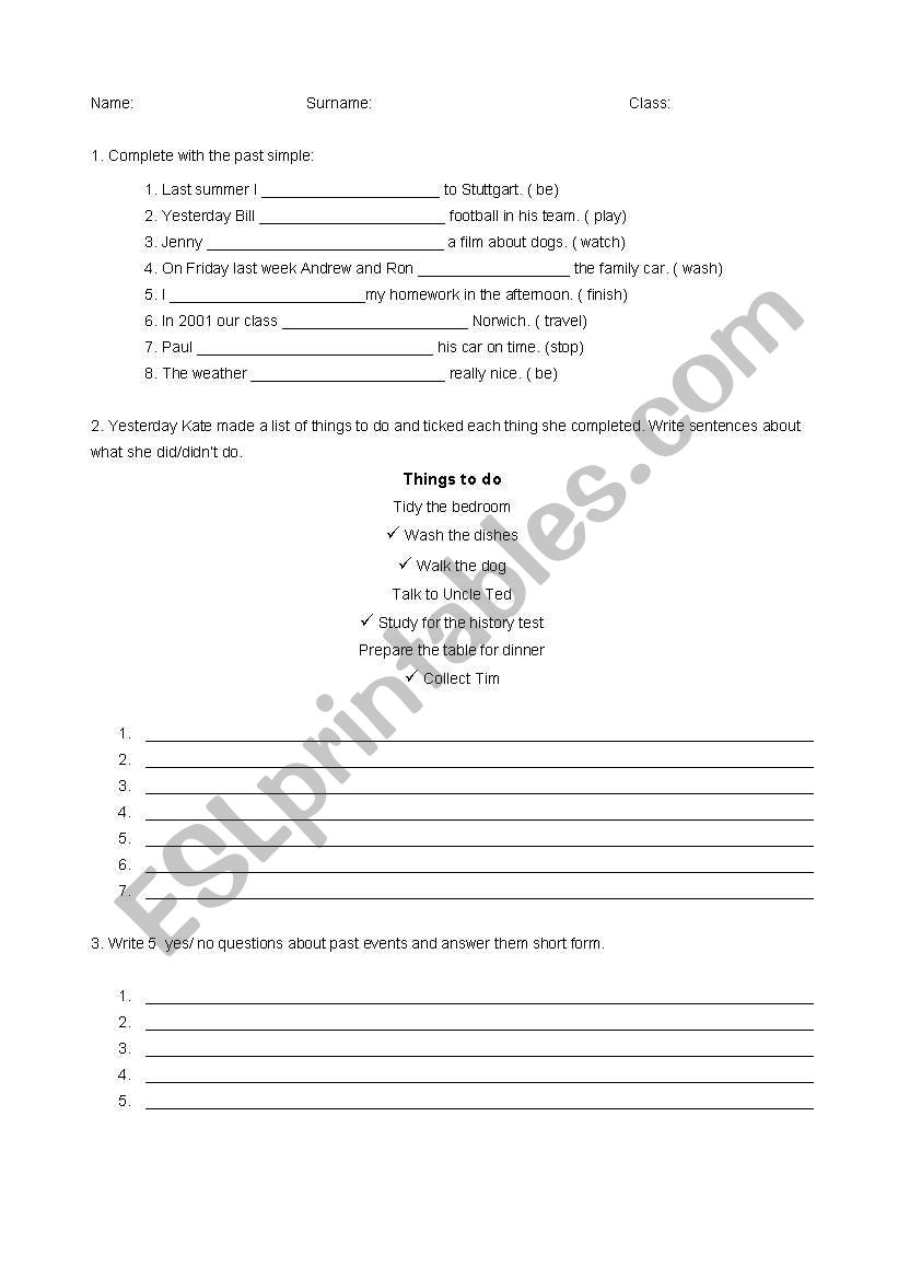 Past Simple exam worksheet