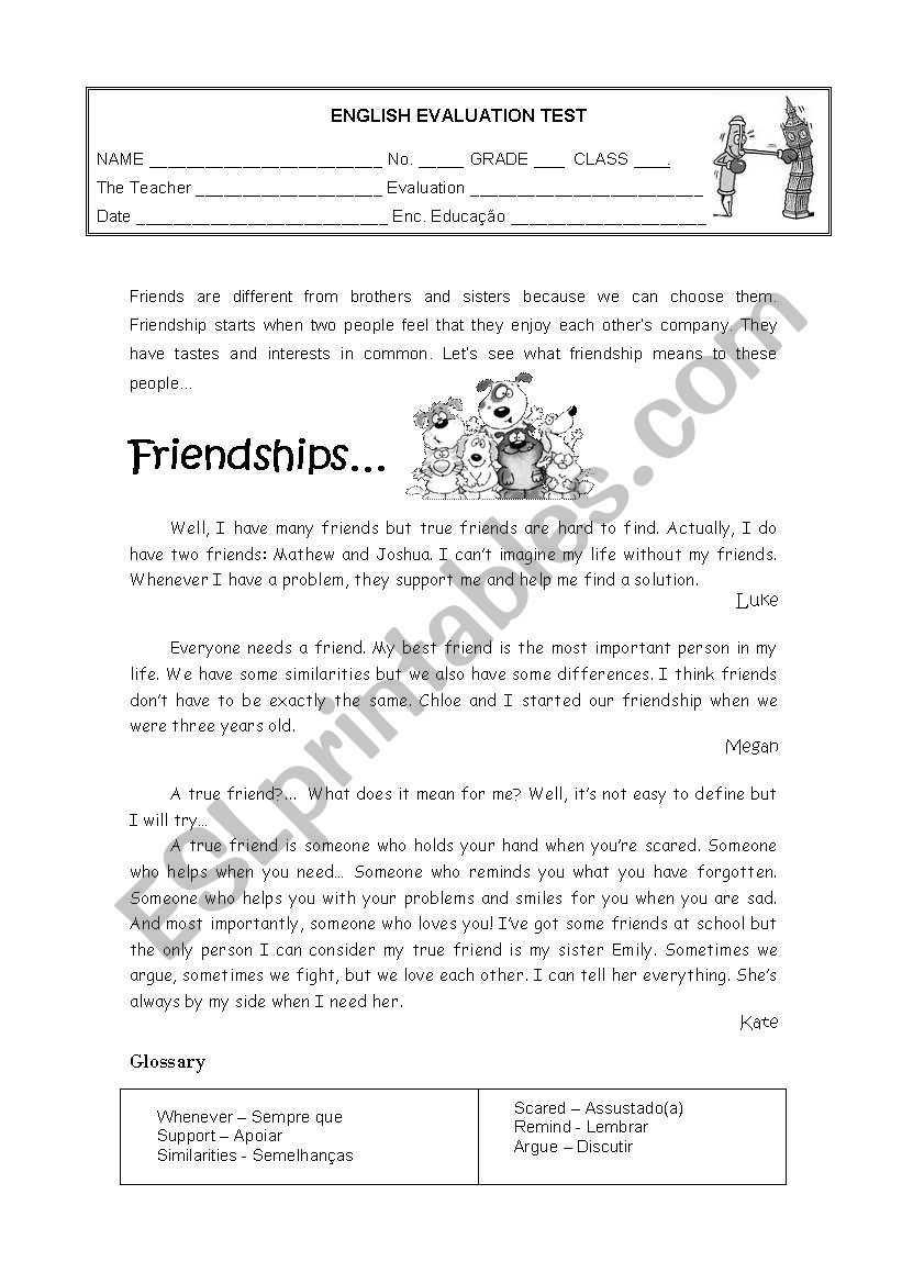 Friendships worksheet