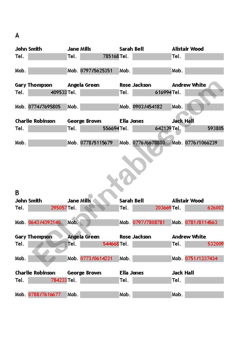 Telephone Numbers worksheet