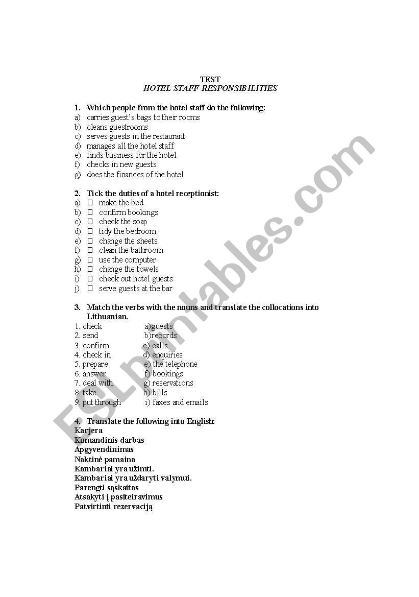 Hotel staff resposilbilities worksheet