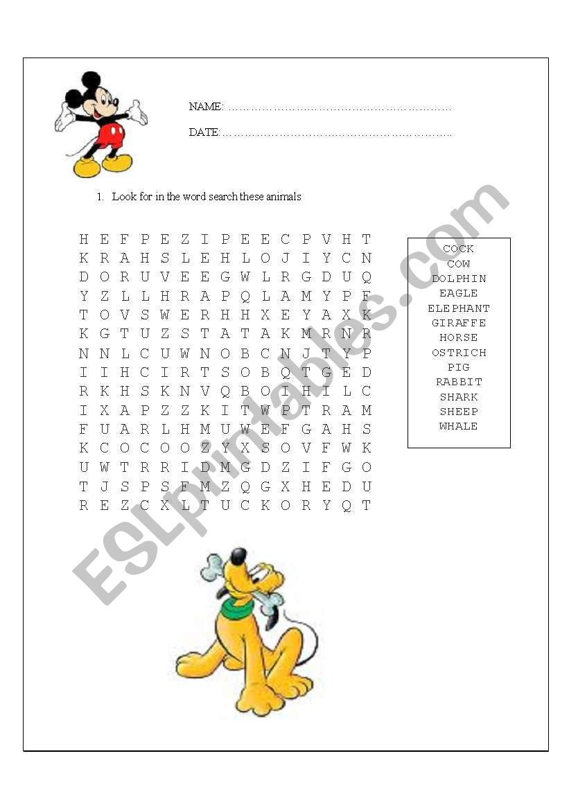 THE  ANIMALS WORDSEARCH worksheet