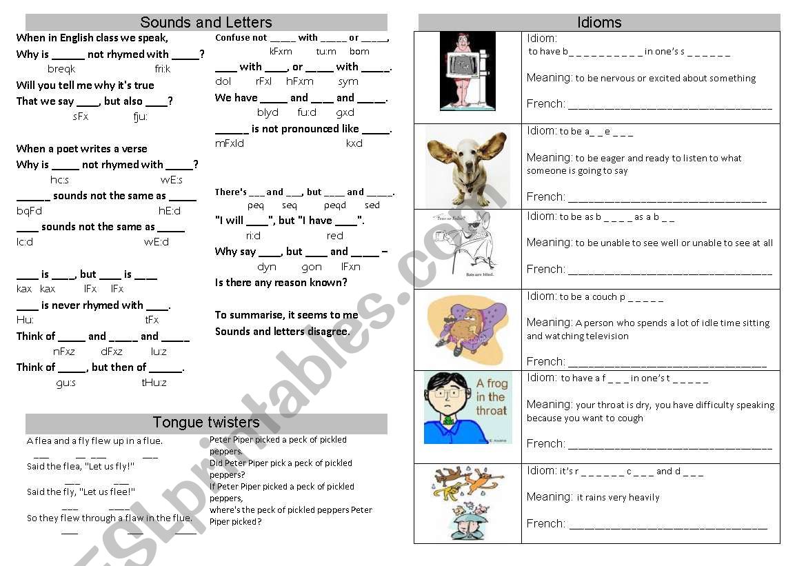 English proverbs, idioms and tongue twisters worksheet