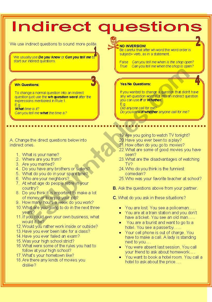 INDIRECT QUESTIONS worksheet