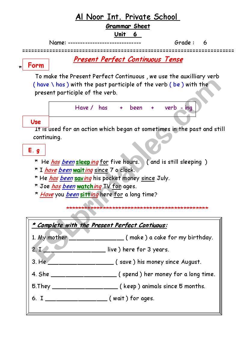 Present Perfect continuous with exercise 