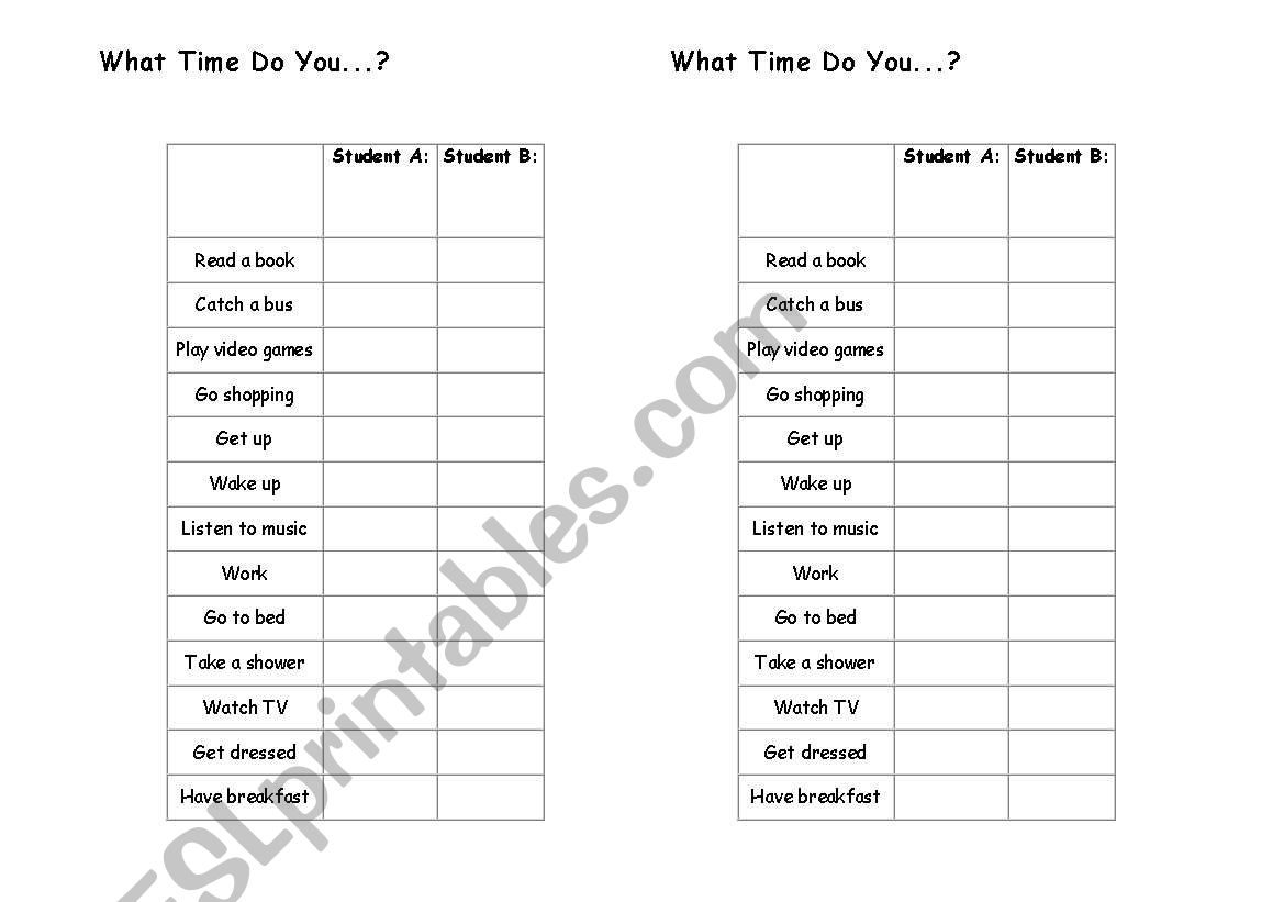 What time do you. . .? worksheet