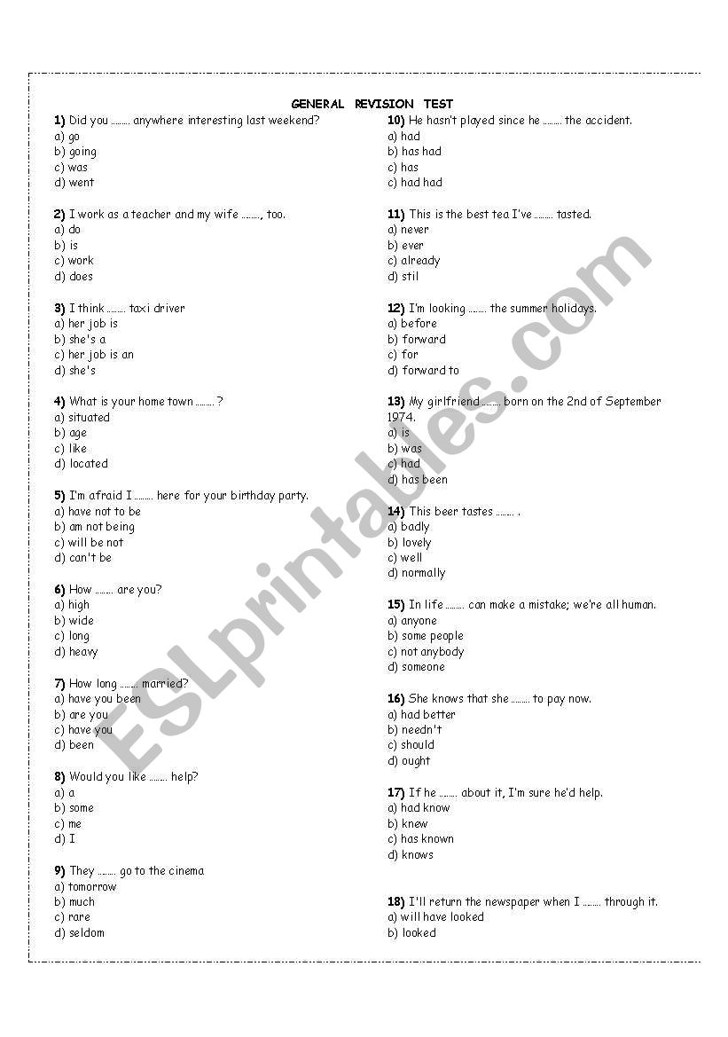 grammar test worksheet