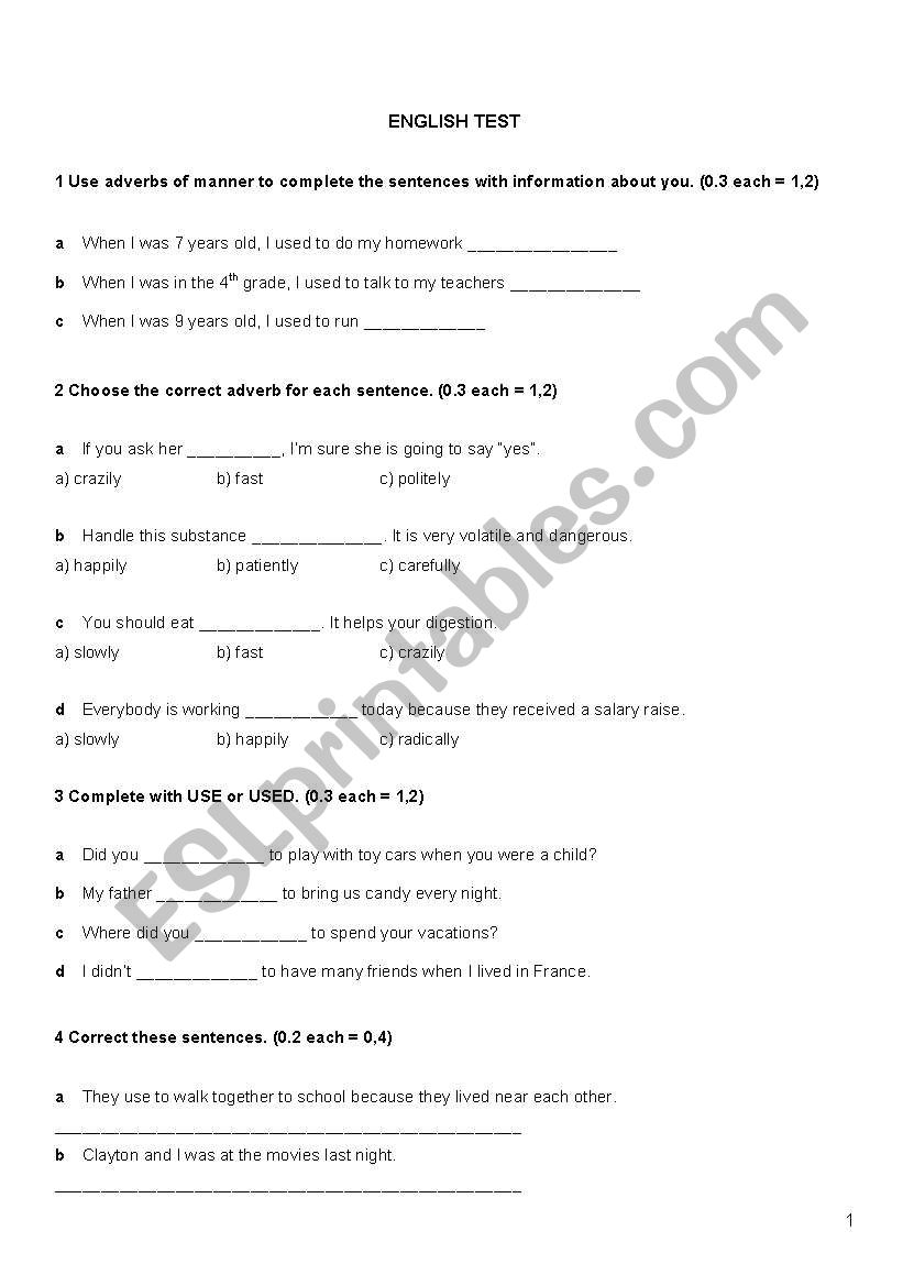 ENGLISH TEST -  ADVERBS - USED TO - TYPES OF MOVIE