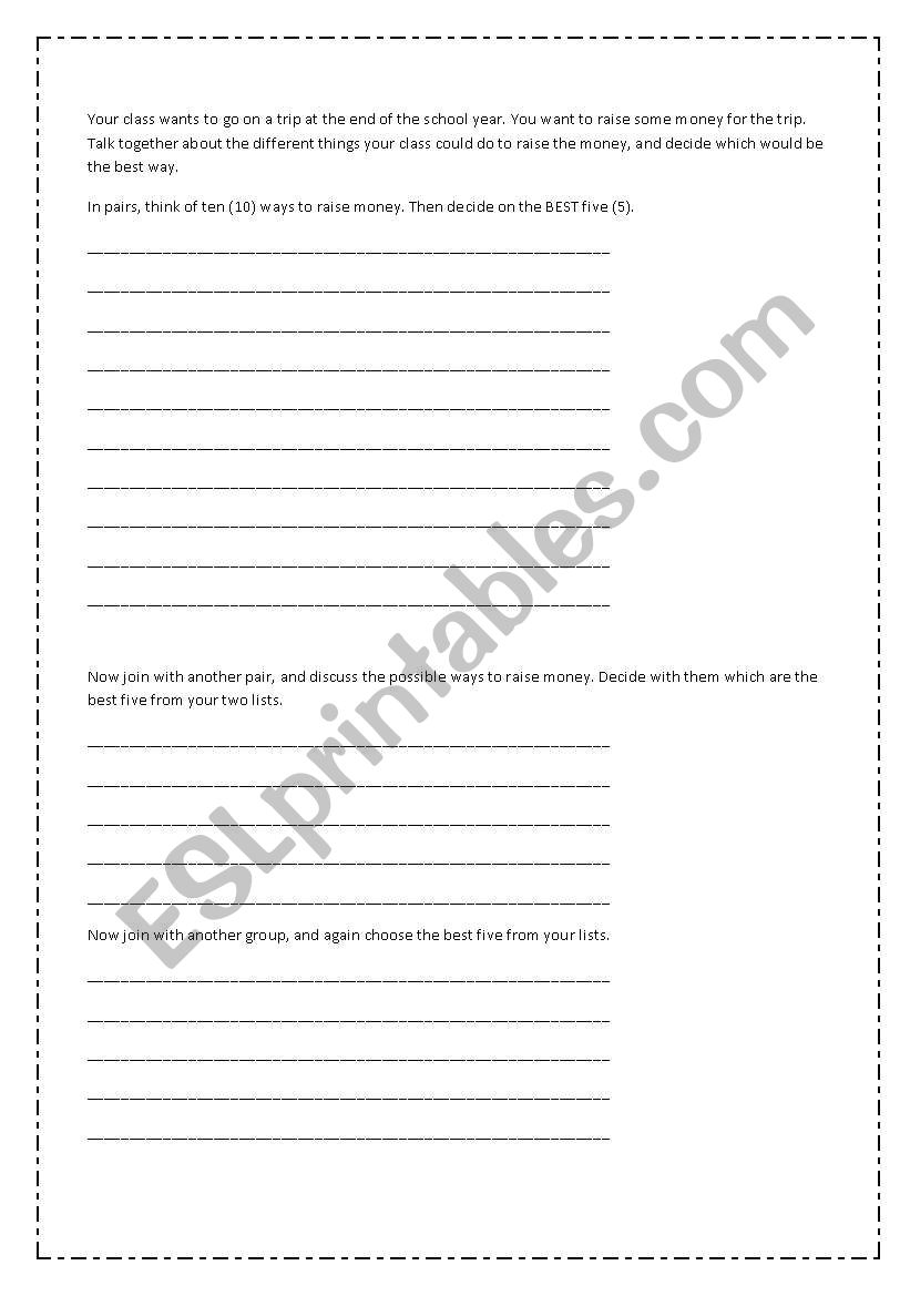 Fundraising for a Class Trip worksheet