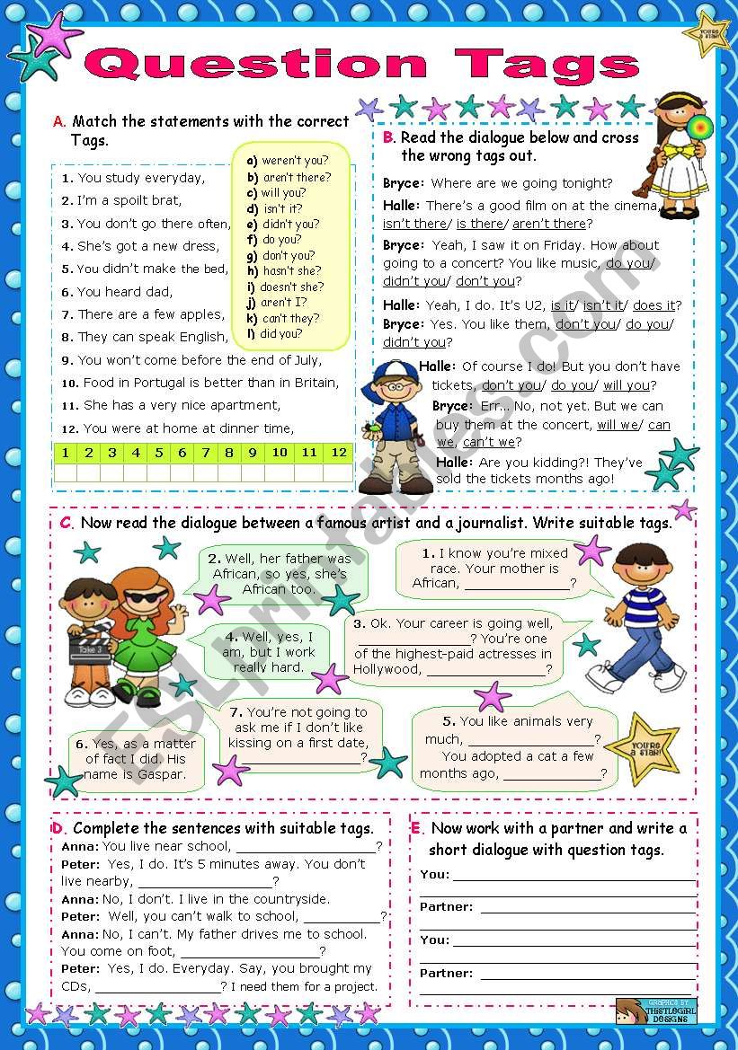 Question Tags for elementary students (Perfect Tenses not included)