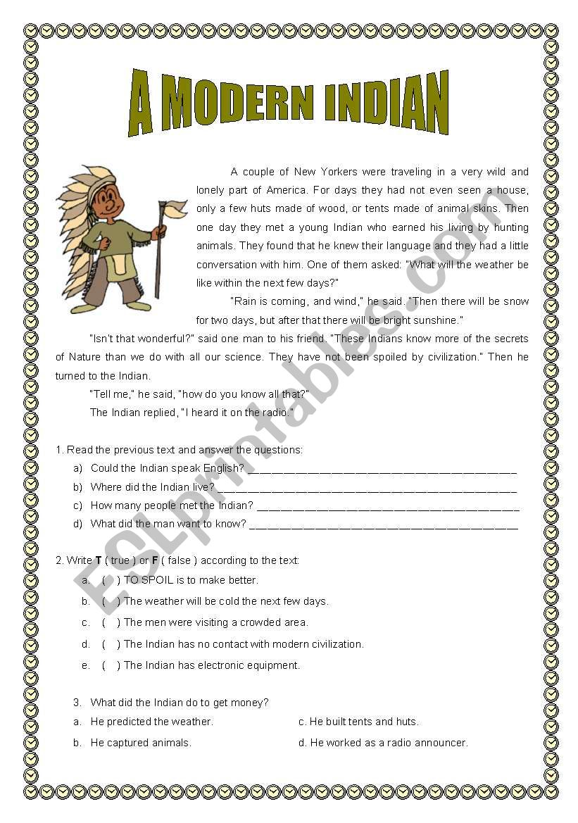 A modern Indian ( 2 pages )  worksheet