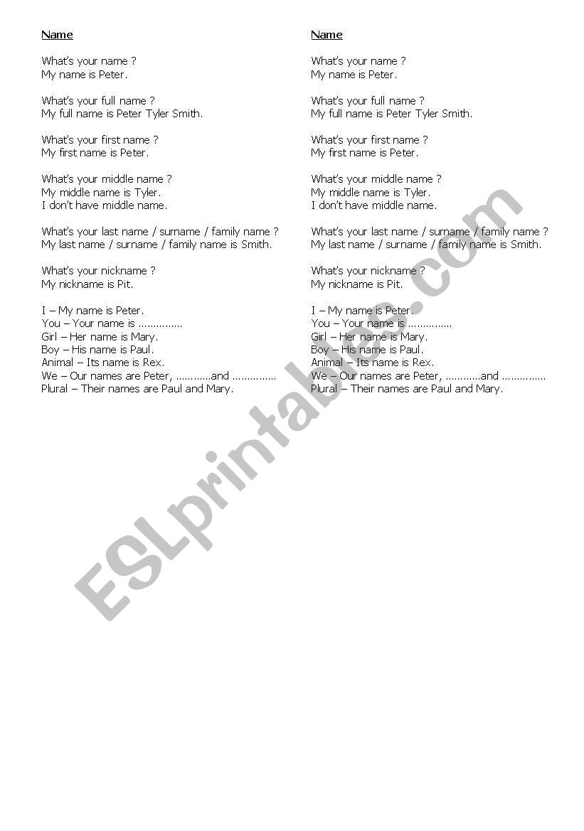 Names worksheet