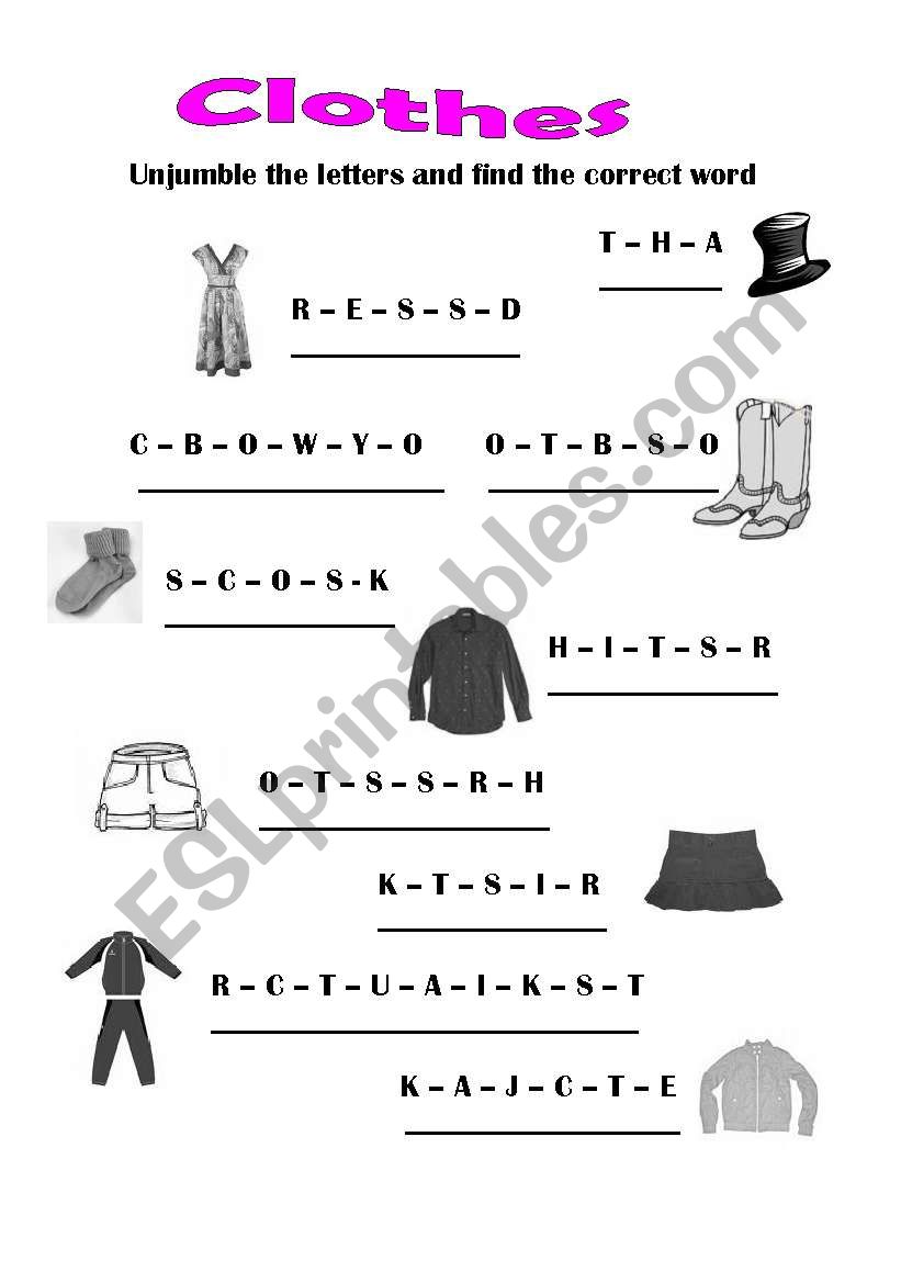 clothes unjumble the letters worksheet