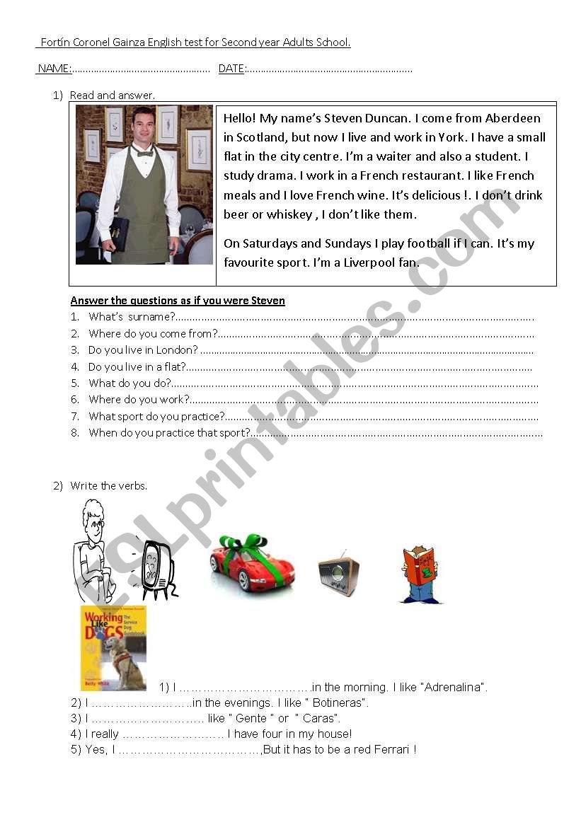 Test for Adult Students worksheet