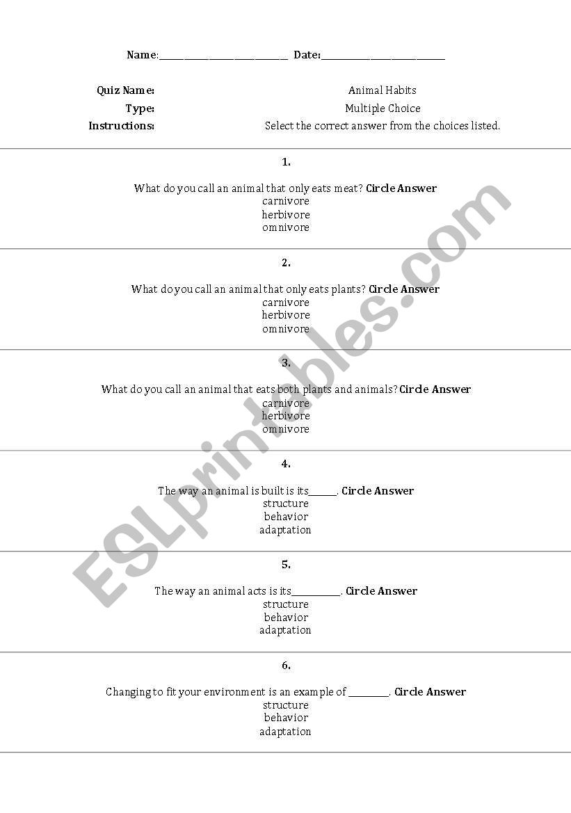 Animal Habits worksheet