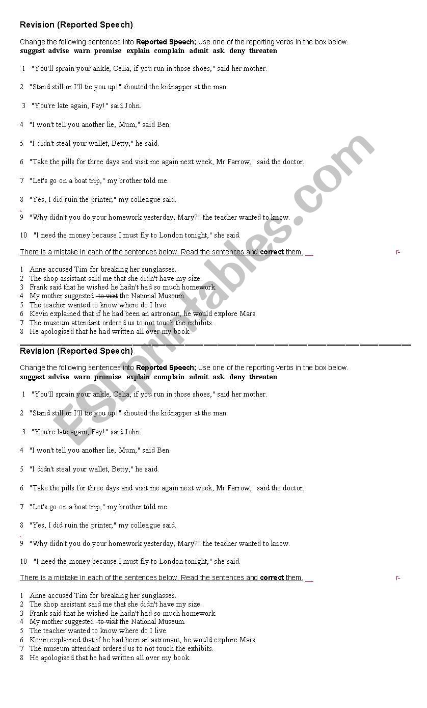 revision of reported speech worksheet