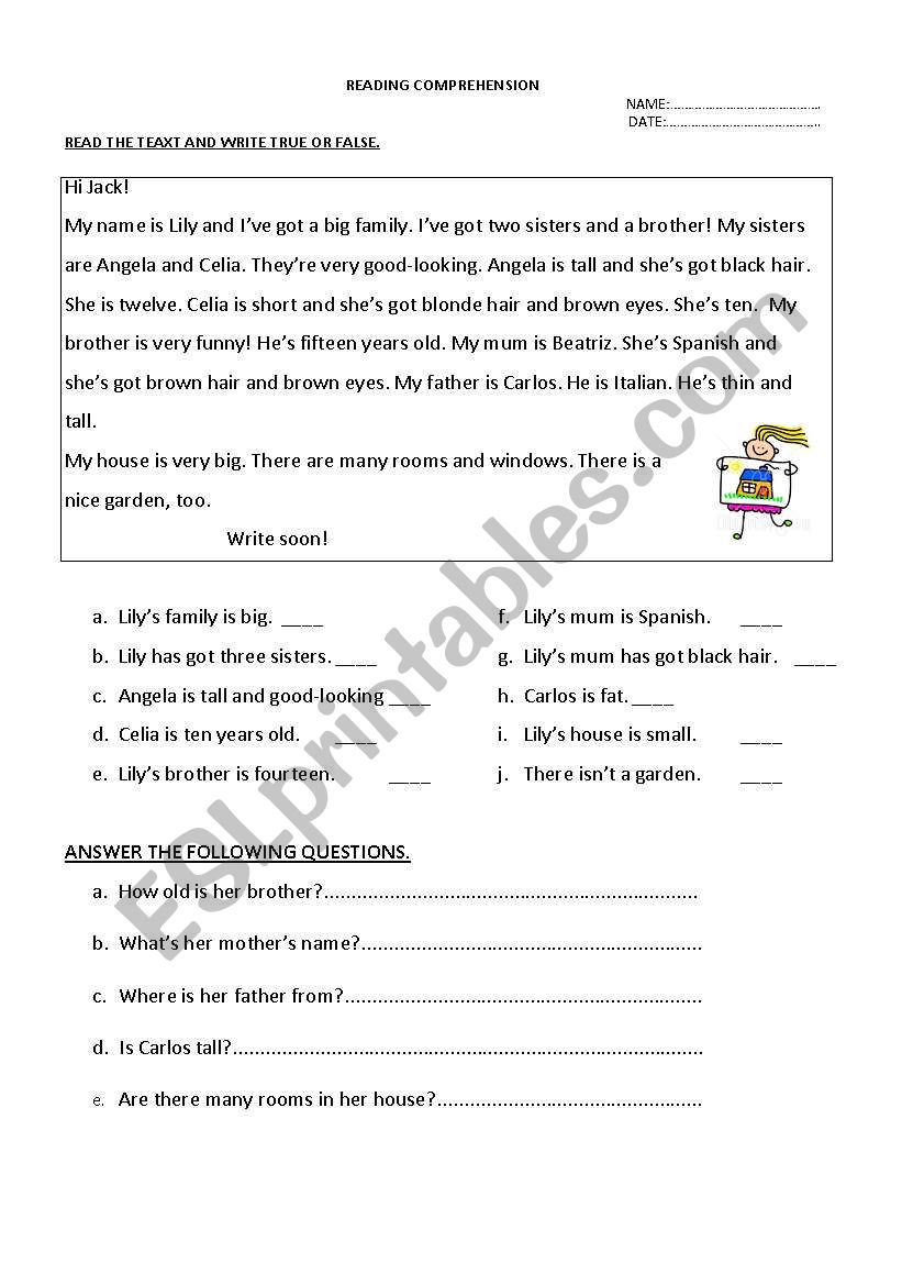 reading comprehension worksheet