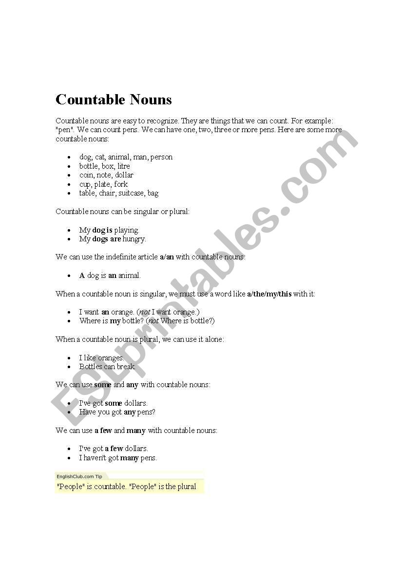 countable non countable worksheet