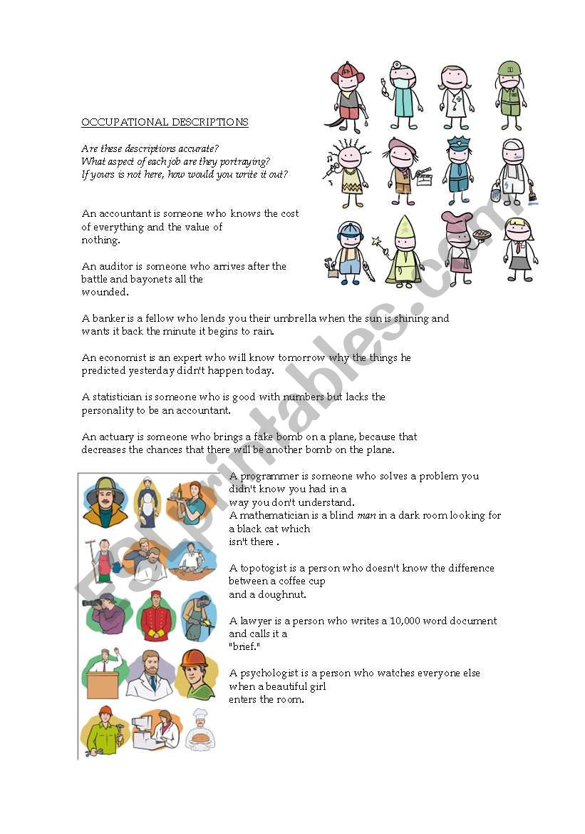 Occupational descriptions worksheet