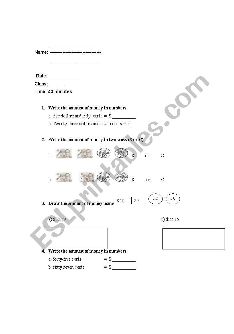 Math exercise about dollar worksheet