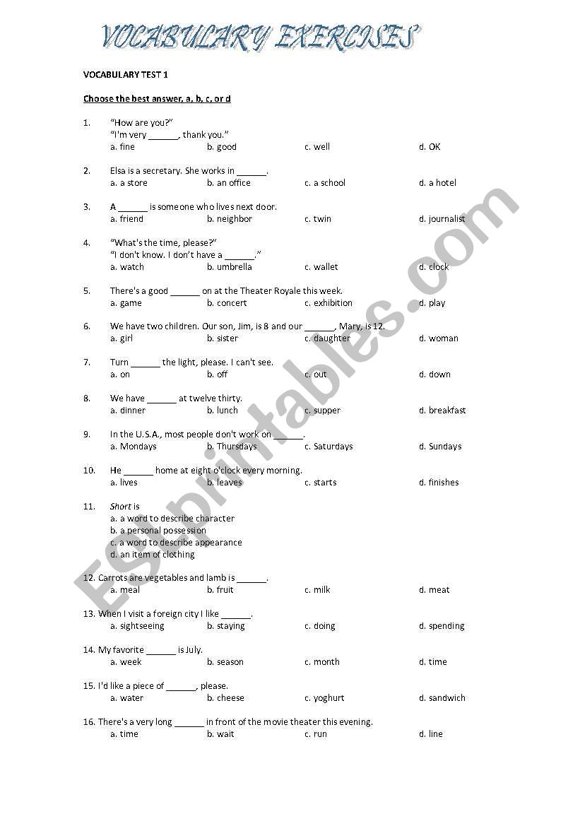 Vocabulary  Assessment worksheet