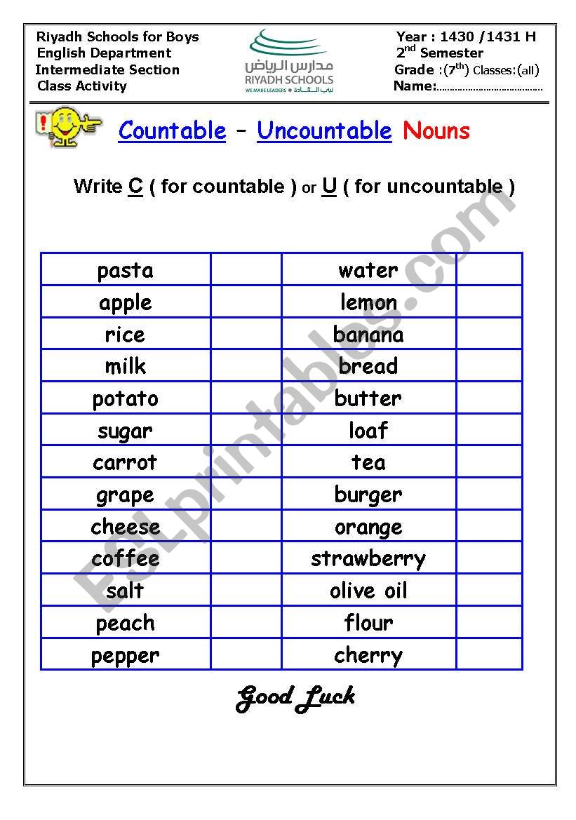 countable and uncountable worksheet