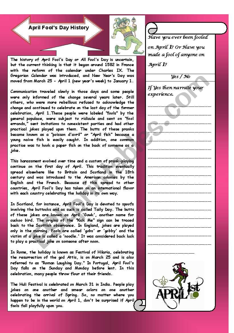 History of Fools Day  worksheet
