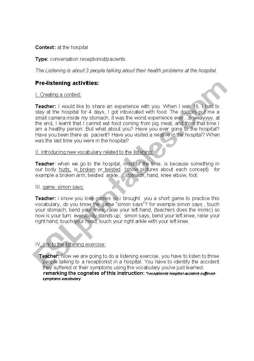 at the hospital lesson plan worksheet