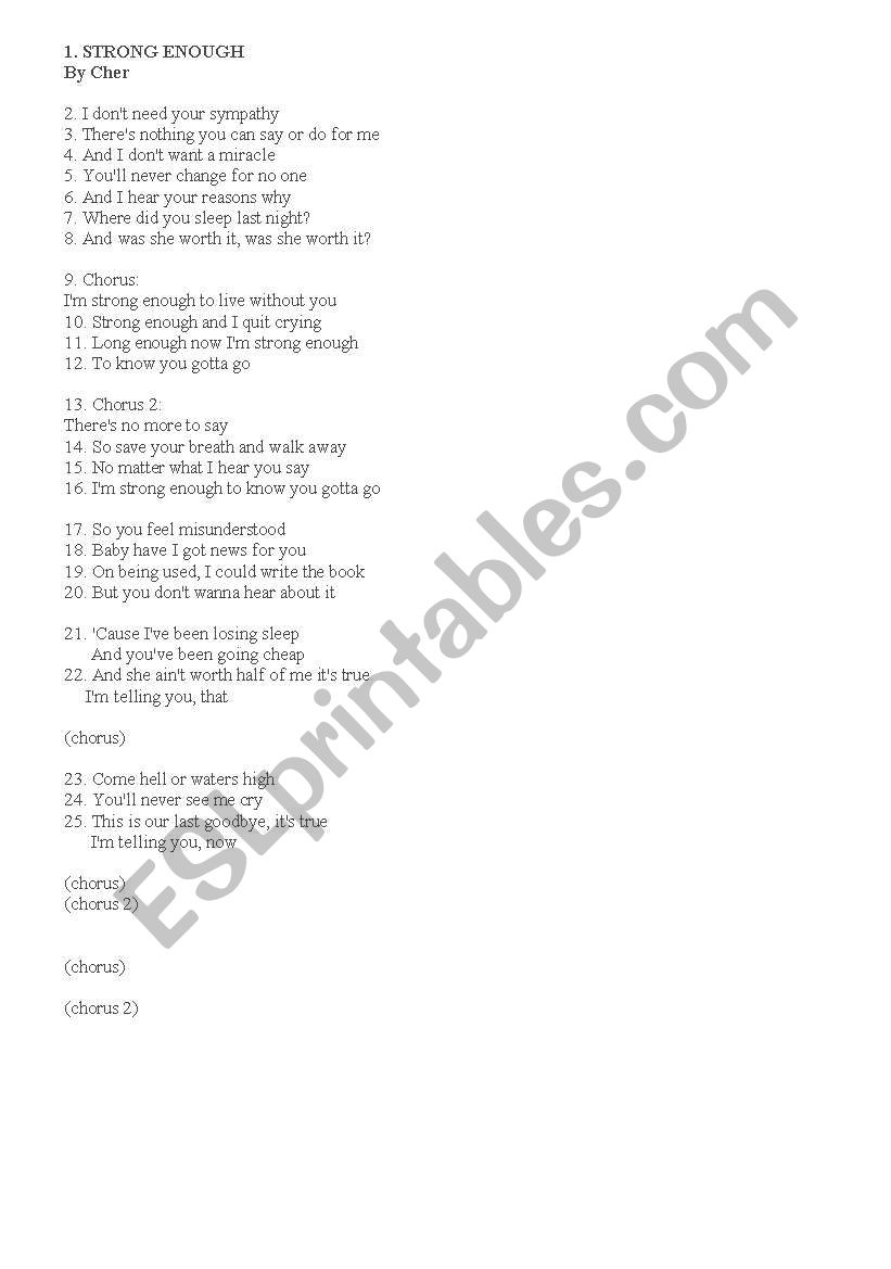 SONG:  STRONG BY CHER worksheet