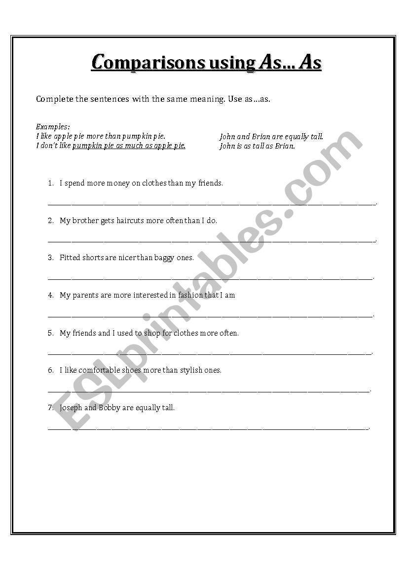 Comparisons using as..as worksheet