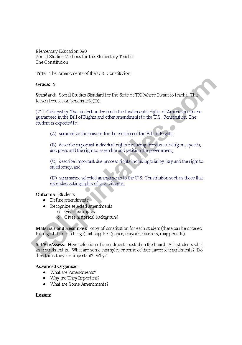 Amendment lesson plan worksheet