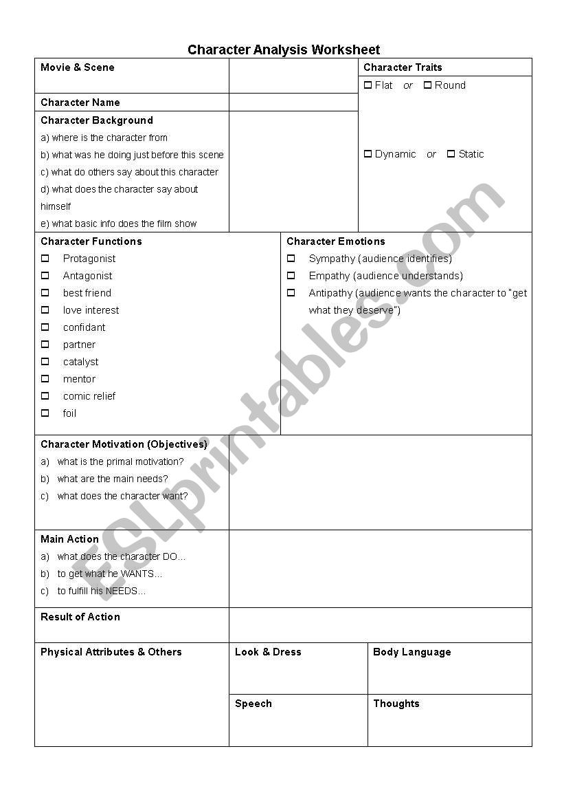 Character Analysis worksheet