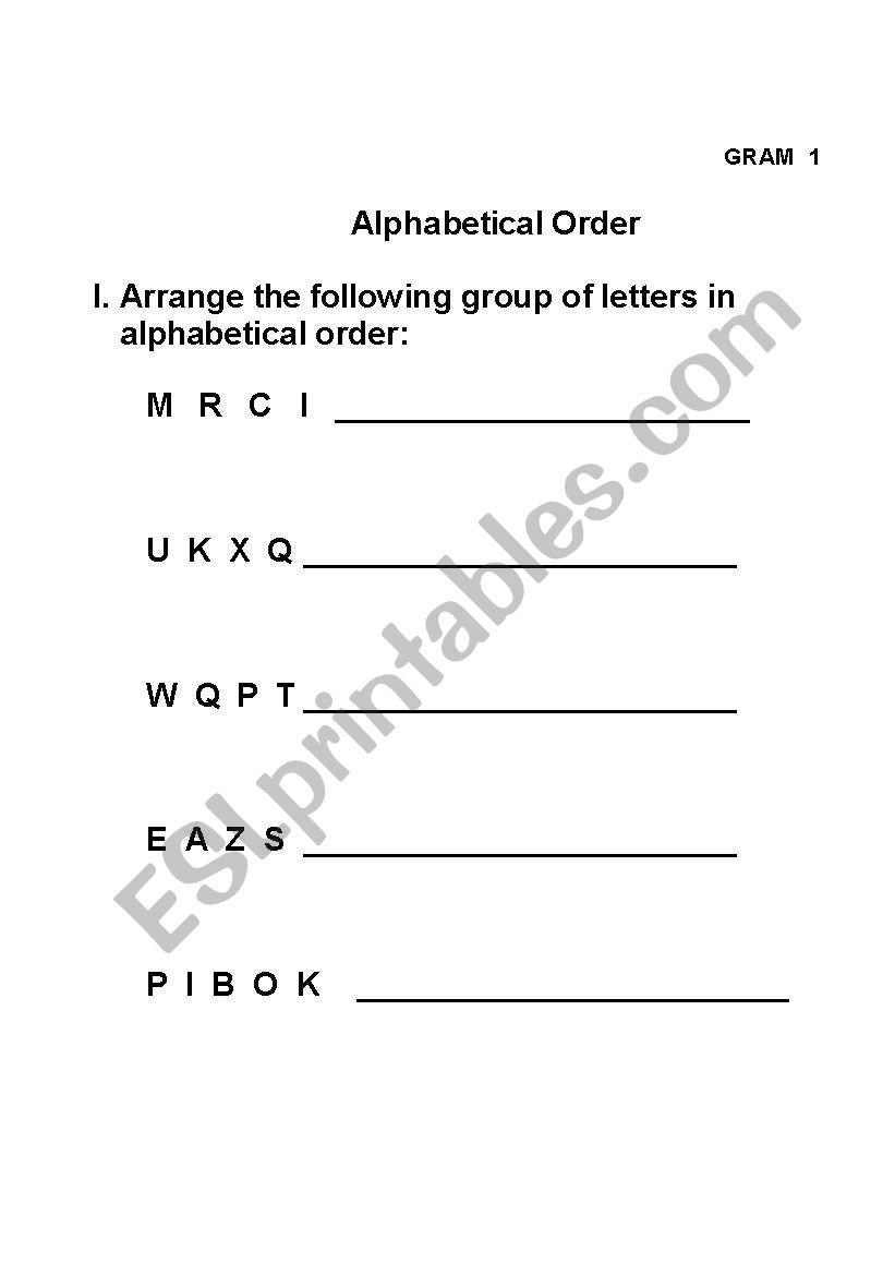 order of alphabet  worksheet