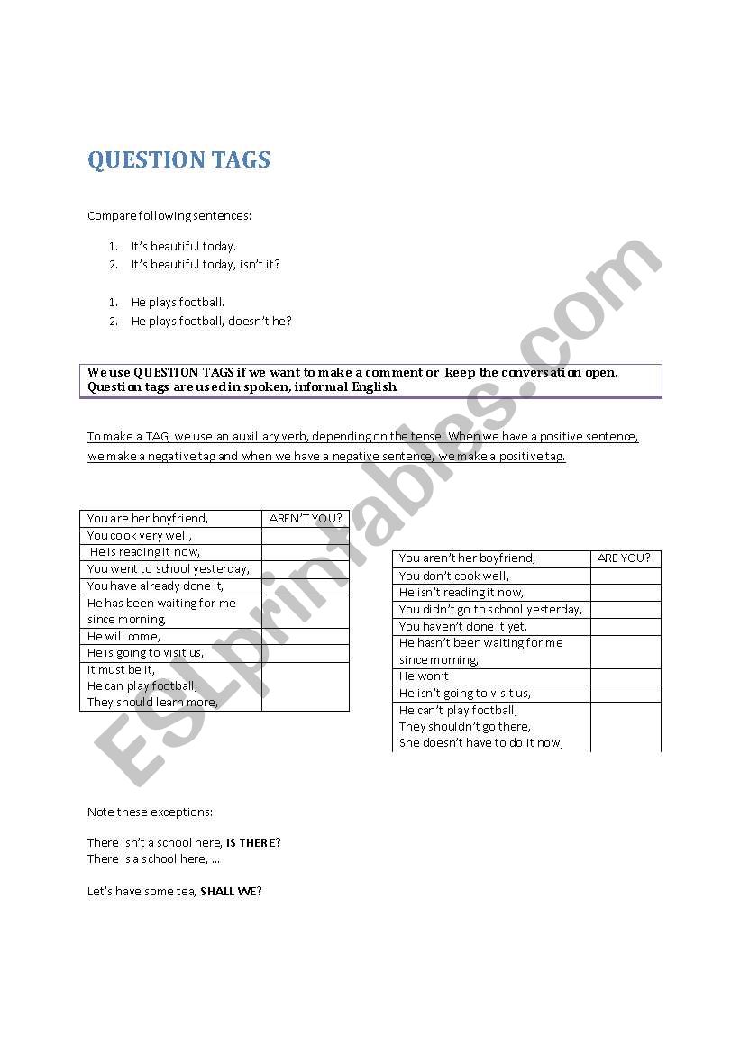 Tag questions worksheet