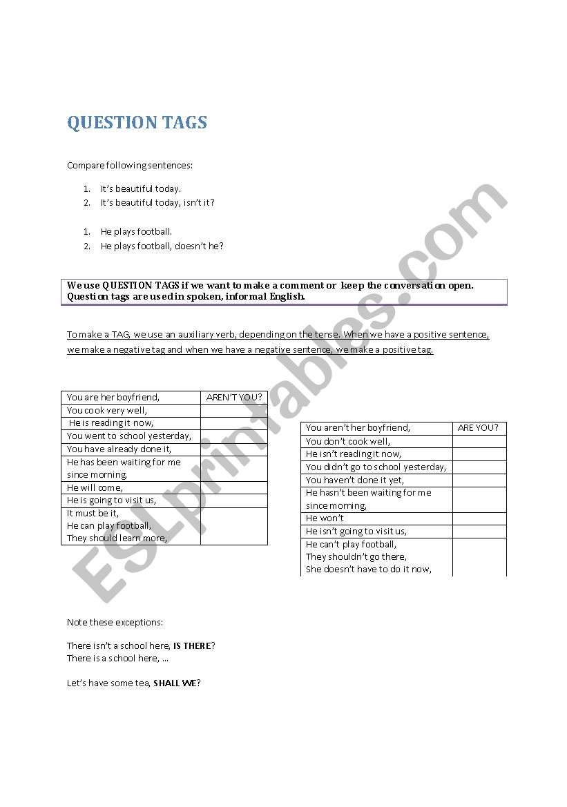 Tag questions worksheet