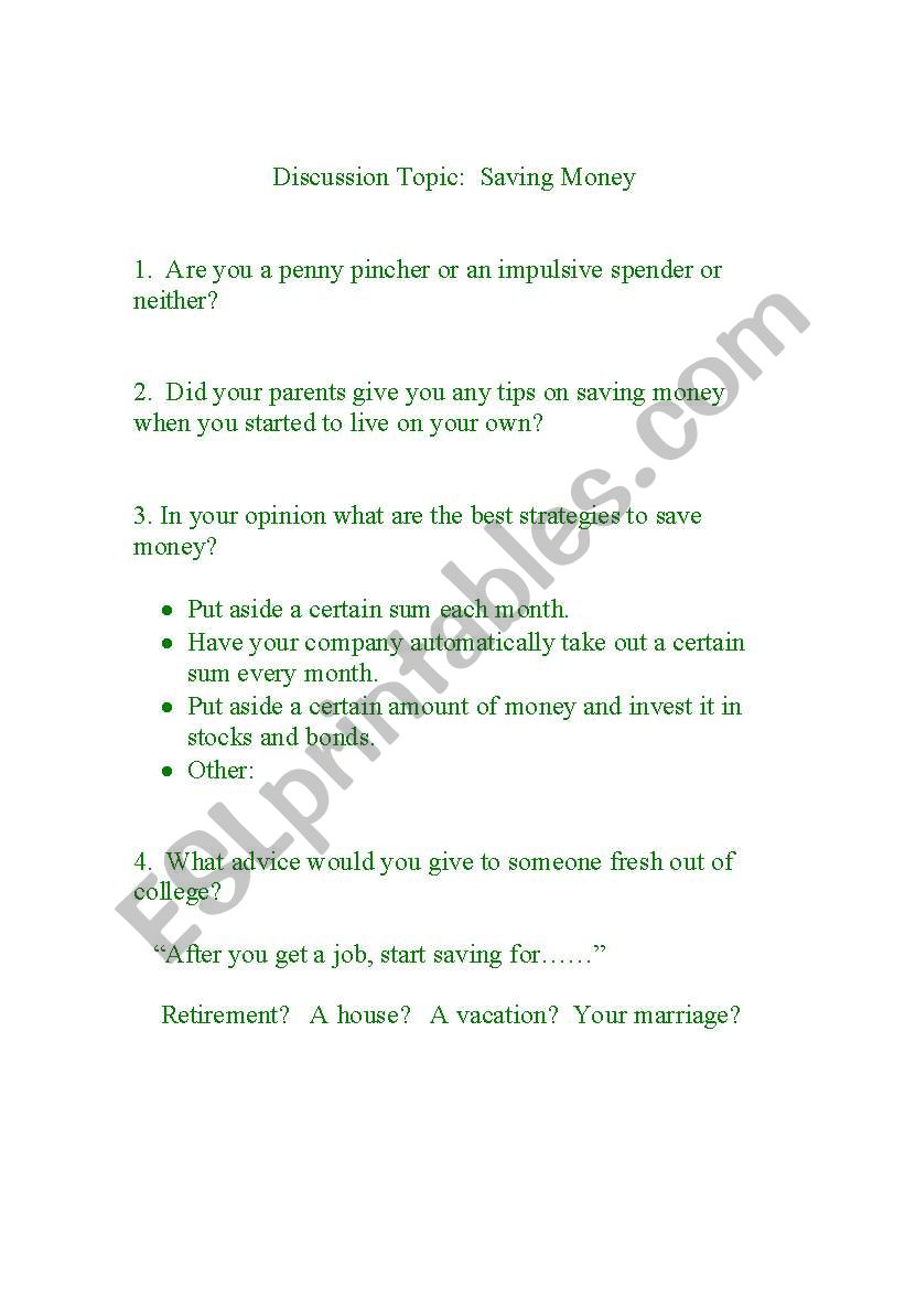 Discussion on Saving Money worksheet