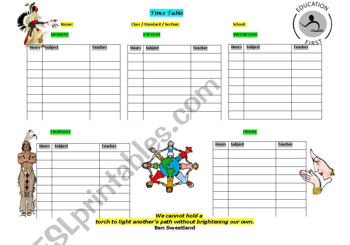 class room time table worksheet