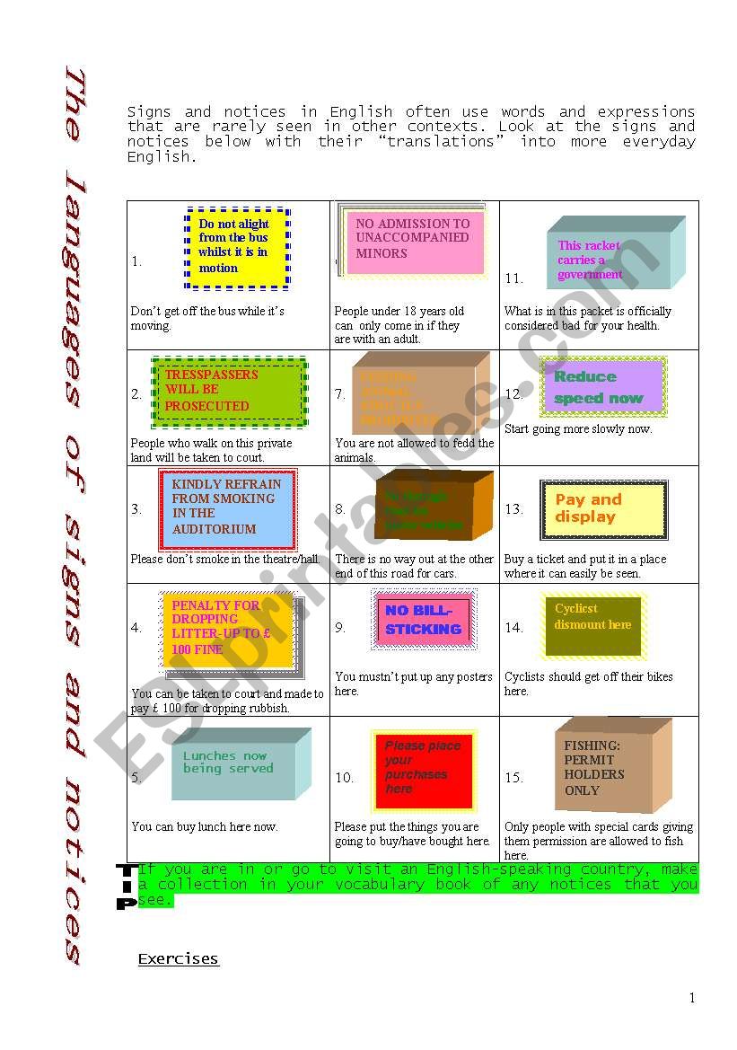 Signlas and notices worksheet