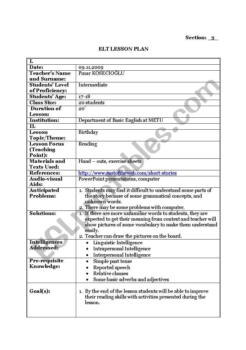 Reading lesson plan worksheet